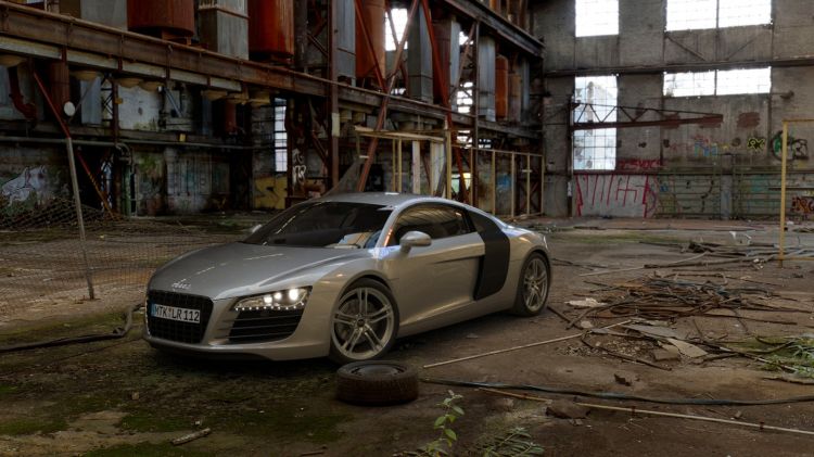 Rendering of Audi R8 in an old factory