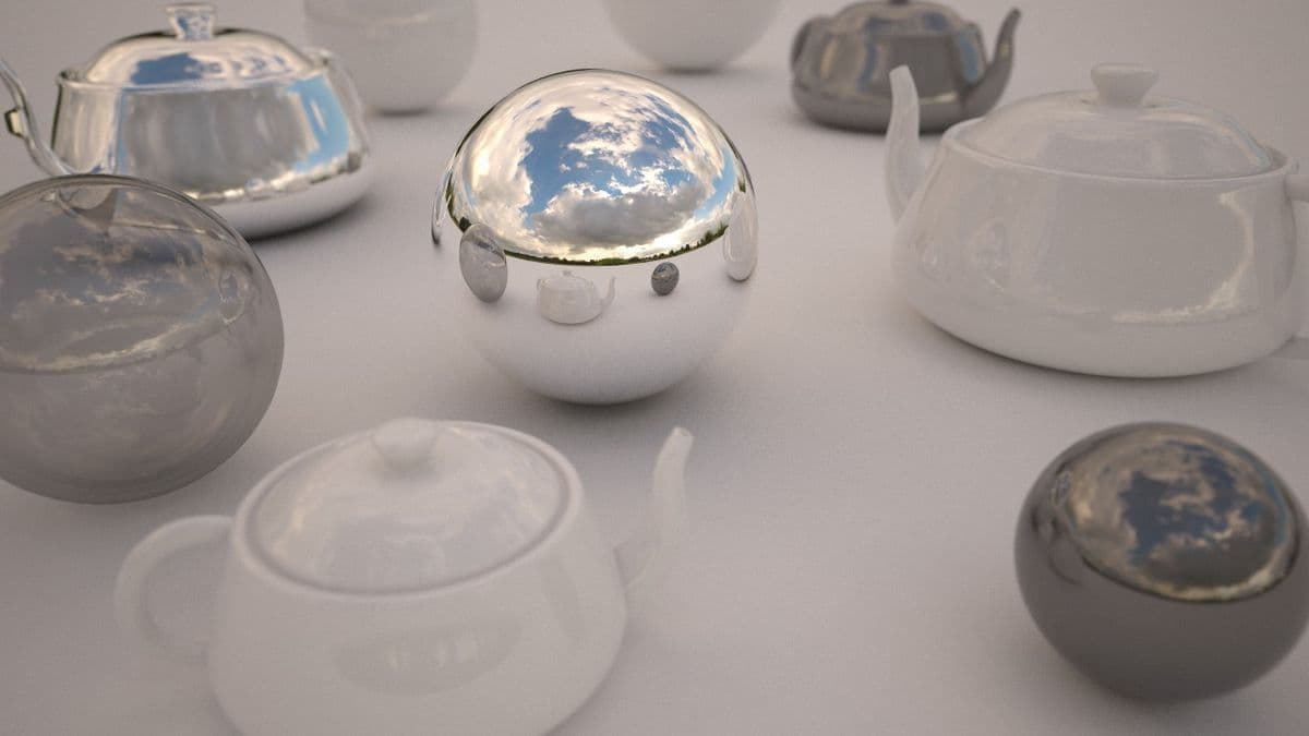 Test render lit by the HDR 147 HDRI: chrome spheres and white teapots on a white floor under soft overcast light
