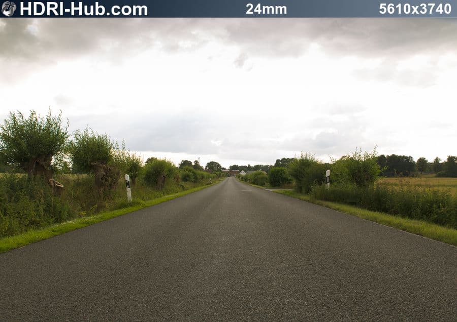 Backplate from HDR 147: straight rural road under an overcast sky, shot at 24 mm, 5610 x 3740 pixels